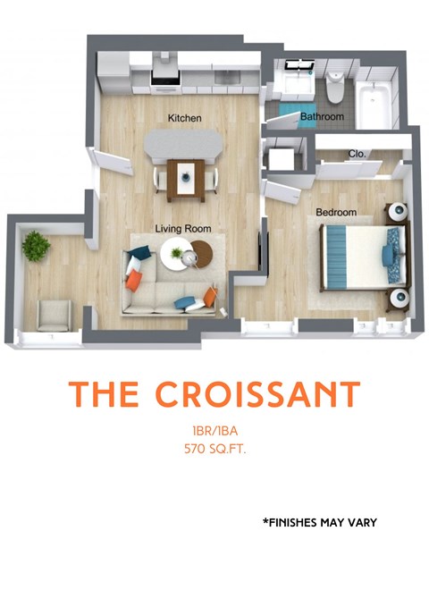 Floor plan for 1 bed, 1 bath, 570 sqft